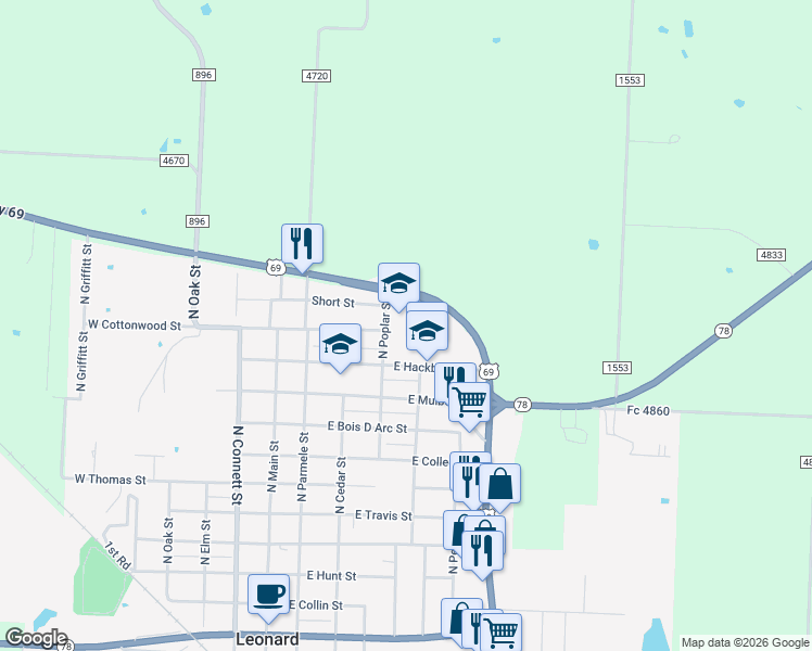 map of restaurants, bars, coffee shops, grocery stores, and more near 1002 North Poplar Street in Leonard
