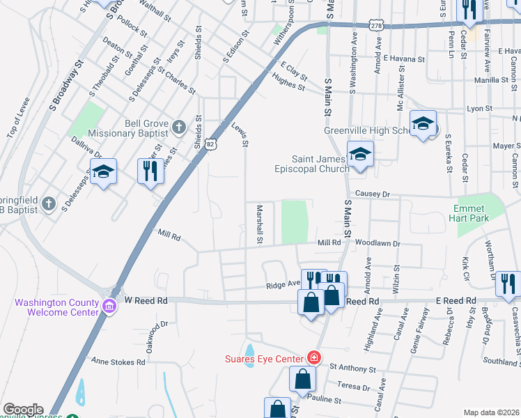 map of restaurants, bars, coffee shops, grocery stores, and more near 1110 Marshall Street in Greenville