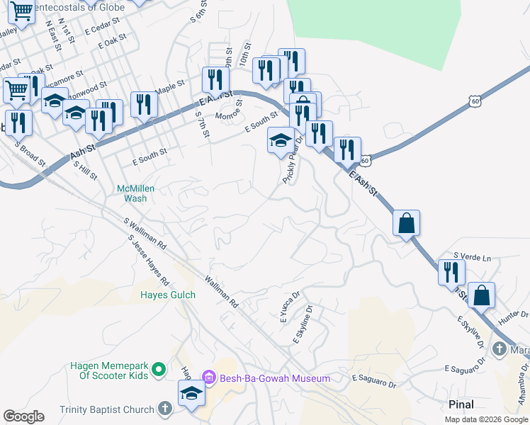 map of restaurants, bars, coffee shops, grocery stores, and more near 635 Prickly Pear Drive in Globe