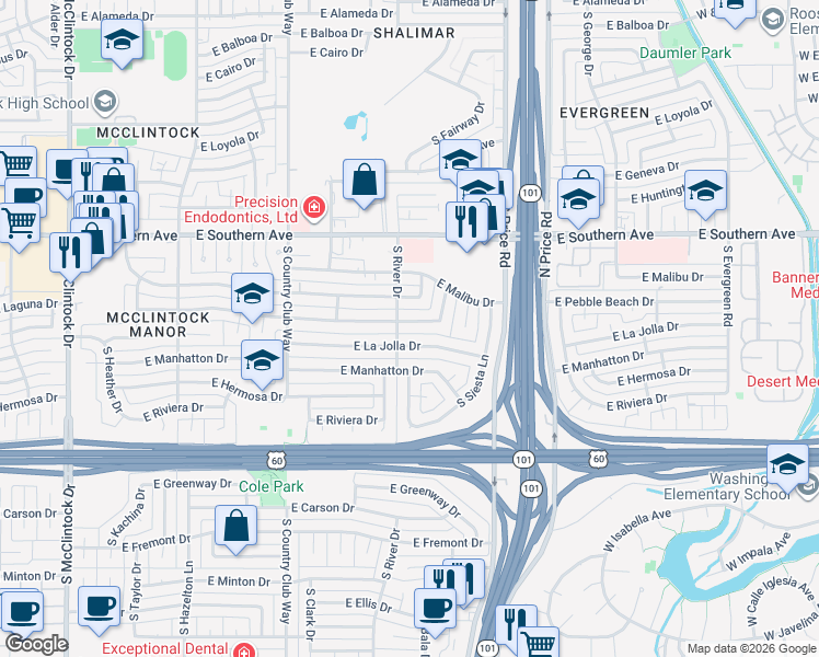 map of restaurants, bars, coffee shops, grocery stores, and more near 2119 East Pebble Beach Drive in Tempe