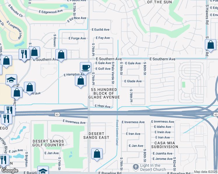 map of restaurants, bars, coffee shops, grocery stores, and more near 7725 East Hampton Avenue in Mesa