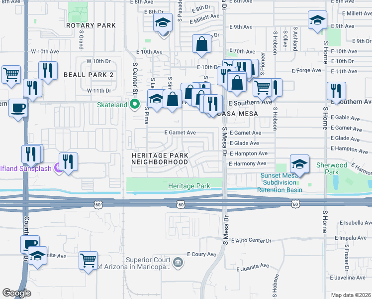 map of restaurants, bars, coffee shops, grocery stores, and more near 1359 South Pasadena in Mesa