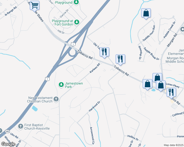 map of restaurants, bars, coffee shops, grocery stores, and more near 3618 Karleen Road in Hephzibah