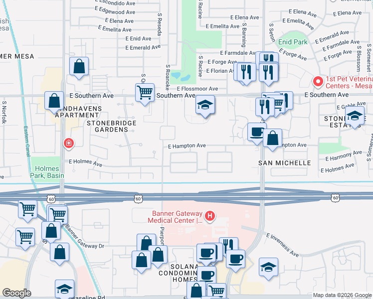 map of restaurants, bars, coffee shops, grocery stores, and more near 4862 East Harmony Avenue in Mesa