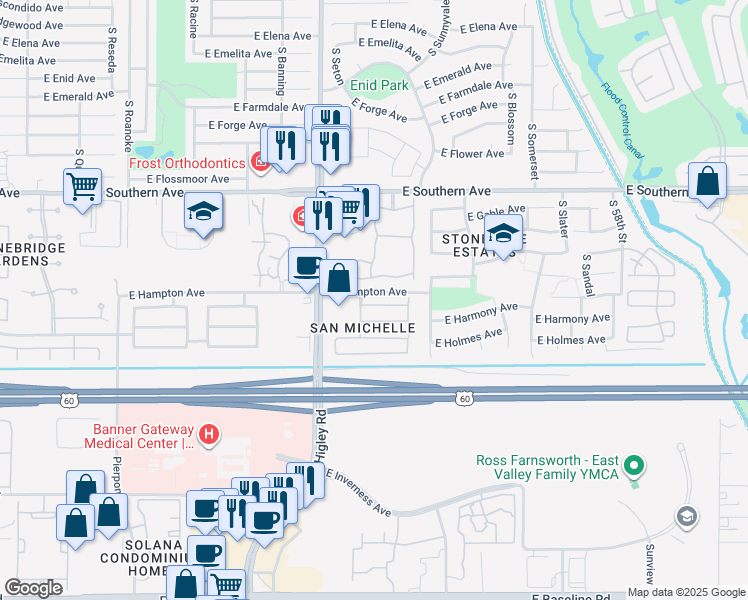 map of restaurants, bars, coffee shops, grocery stores, and more near 5318 East Harmony Avenue in Mesa