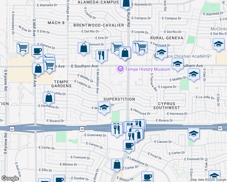 map of restaurants, bars, coffee shops, grocery stores, and more near 656 East Malibu Drive in Tempe