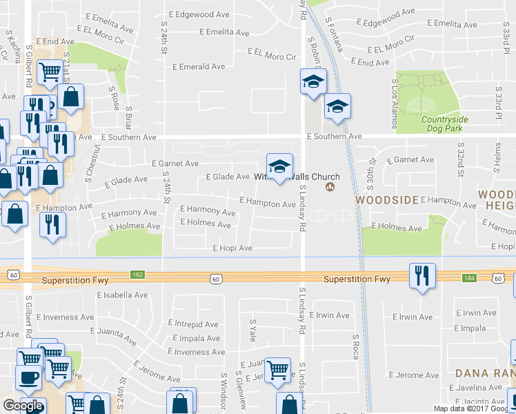 map of restaurants, bars, coffee shops, grocery stores, and more near 2635 East Hampton Avenue in Mesa