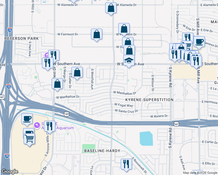 map of restaurants, bars, coffee shops, grocery stores, and more near 1003 West La Jolla Drive in Tempe