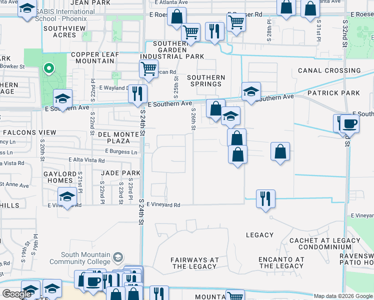 map of restaurants, bars, coffee shops, grocery stores, and more near 6213 South 25th Place in Phoenix