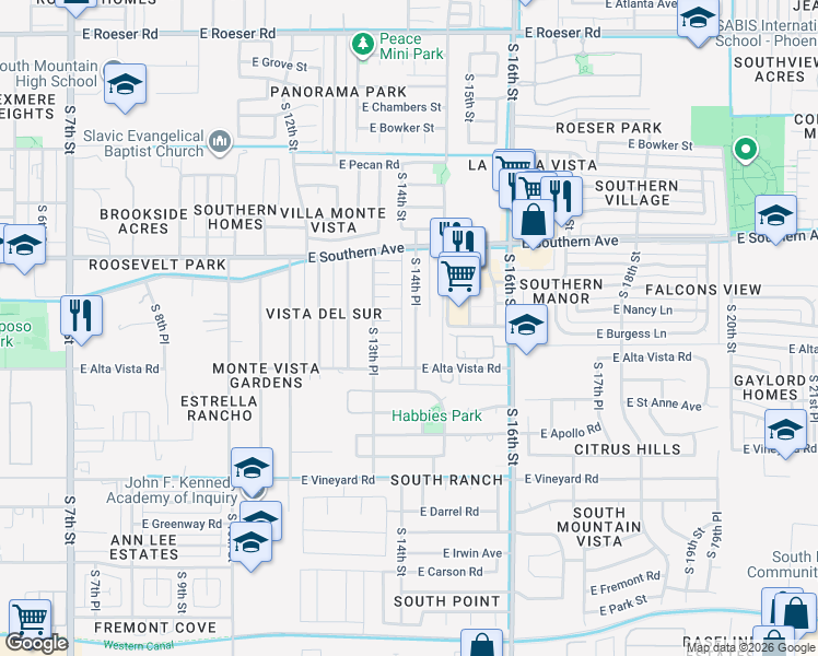 map of restaurants, bars, coffee shops, grocery stores, and more near 6222 South 14th Place in Phoenix