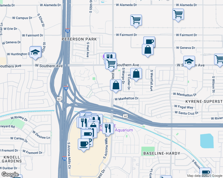 map of restaurants, bars, coffee shops, grocery stores, and more near 1404 La Jolla Drive in Tempe