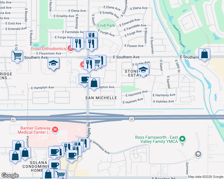 map of restaurants, bars, coffee shops, grocery stores, and more near 5354 East Harmony Avenue in Mesa