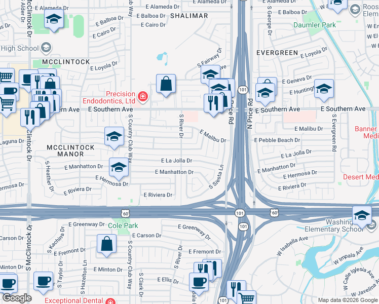 map of restaurants, bars, coffee shops, grocery stores, and more near 2119 East Pebble Beach Drive in Tempe