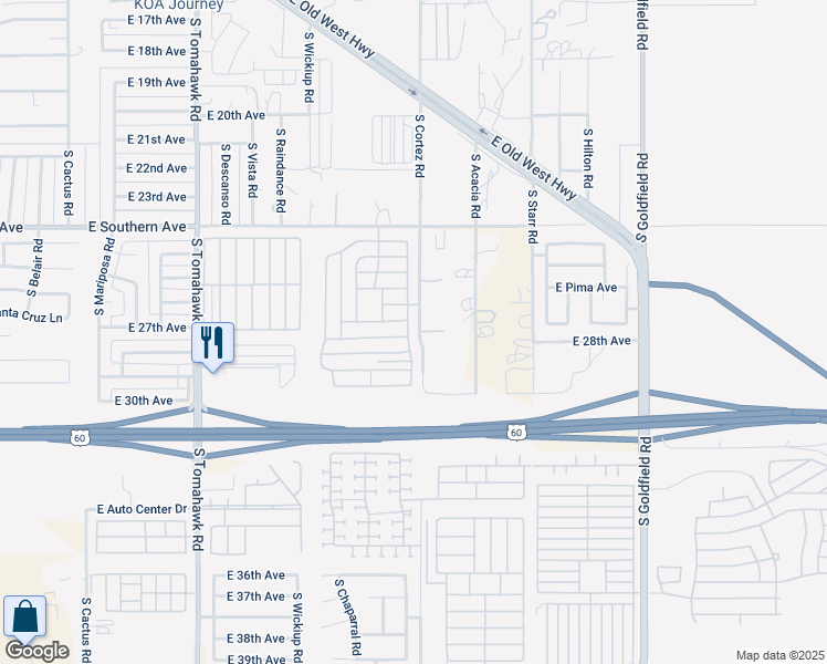 map of restaurants, bars, coffee shops, grocery stores, and more near 2743 South Conestoga Road in Apache Junction
