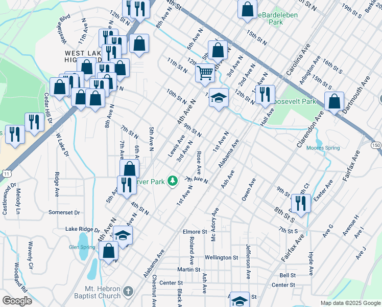 map of restaurants, bars, coffee shops, grocery stores, and more near 800 2nd Ave N in Bessemer