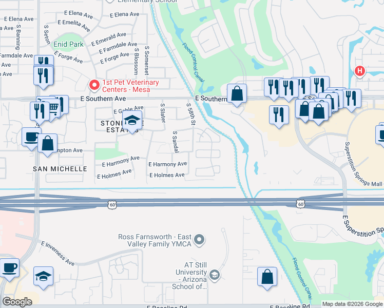 map of restaurants, bars, coffee shops, grocery stores, and more near 1407 South 58th Street in Mesa
