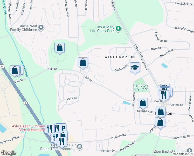 map of restaurants, bars, coffee shops, grocery stores, and more near 132 Hampton Oaks Drive in Hampton