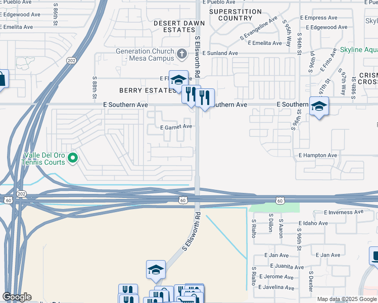 map of restaurants, bars, coffee shops, grocery stores, and more near 1229 South Ellsworth Road in Mesa