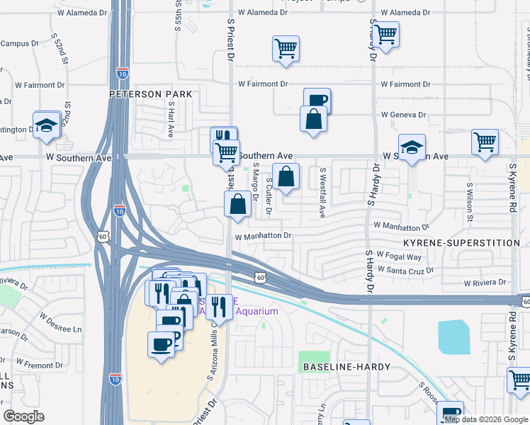 map of restaurants, bars, coffee shops, grocery stores, and more near 3616 South Cutler Drive in Tempe