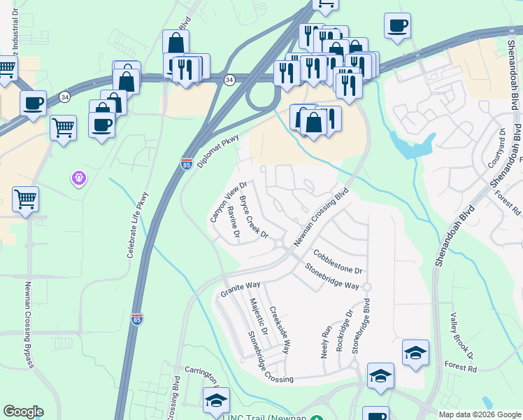 map of restaurants, bars, coffee shops, grocery stores, and more near Canyon View Drive in Newnan