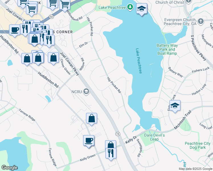 map of restaurants, bars, coffee shops, grocery stores, and more near 231 Cedar Drive in Peachtree City