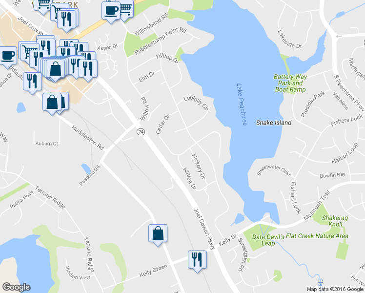 map of restaurants, bars, coffee shops, grocery stores, and more near 229 Cedar Drive in Peachtree City