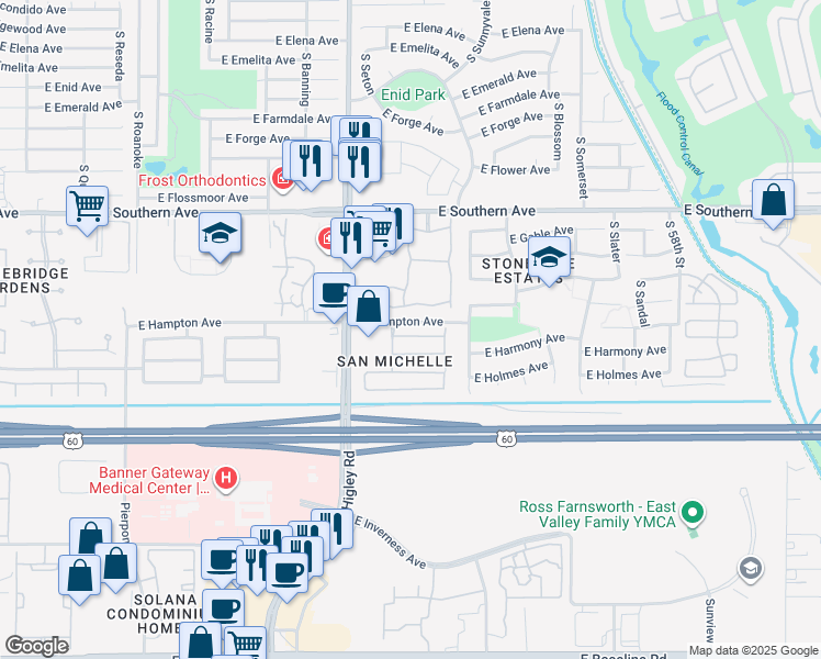 map of restaurants, bars, coffee shops, grocery stores, and more near 5318 East Harmony Avenue in Mesa