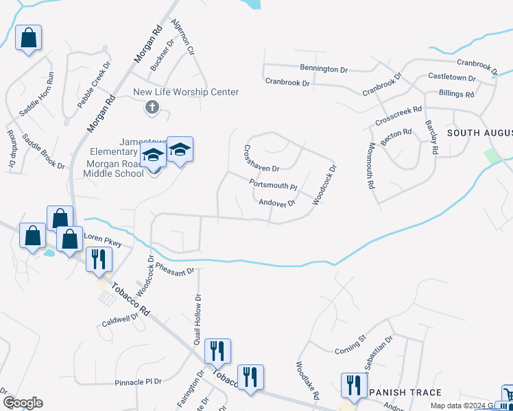 map of restaurants, bars, coffee shops, grocery stores, and more near 3525 Andover Drive in Hephzibah