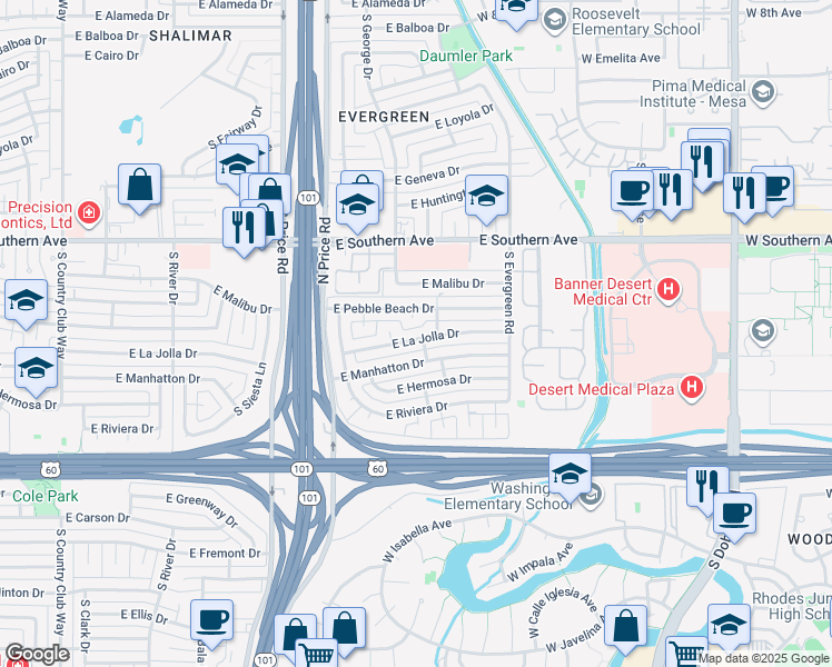 map of restaurants, bars, coffee shops, grocery stores, and more near 2440 East La Jolla Drive in Tempe