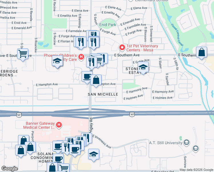 map of restaurants, bars, coffee shops, grocery stores, and more near 5318 East Harmony Avenue in Mesa