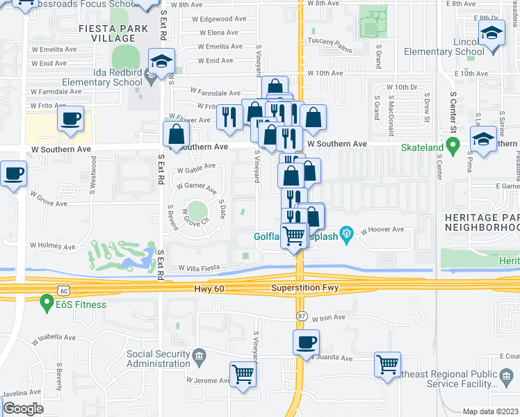 map of restaurants, bars, coffee shops, grocery stores, and more near 1362 South Vineyard in Mesa