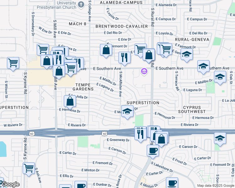 map of restaurants, bars, coffee shops, grocery stores, and more near 531 East Laguna Drive in Tempe