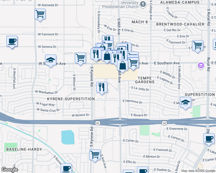 map of restaurants, bars, coffee shops, grocery stores, and more near in Tempe