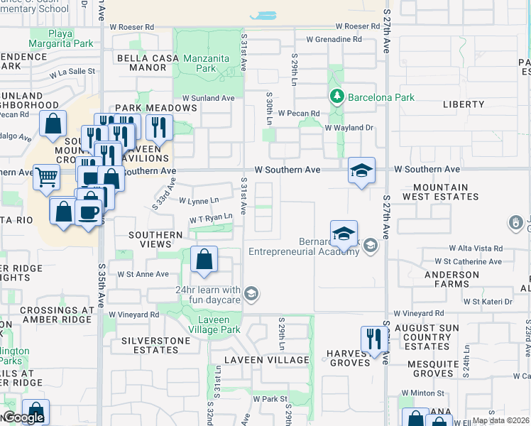 map of restaurants, bars, coffee shops, grocery stores, and more near 3024 West T Ryan Lane in Phoenix