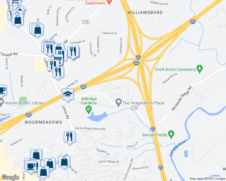 map of restaurants, bars, coffee shops, grocery stores, and more near 2160 Old Rocky Ridge Road in Birmingham