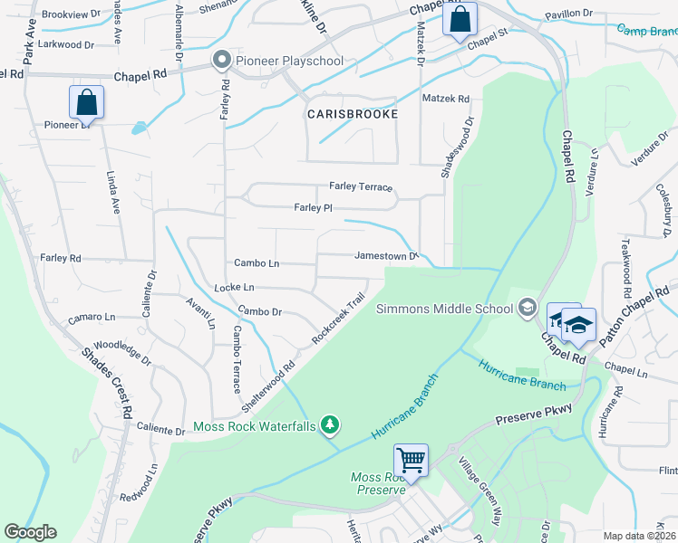 map of restaurants, bars, coffee shops, grocery stores, and more near 2406 Rockcreek Road in Birmingham