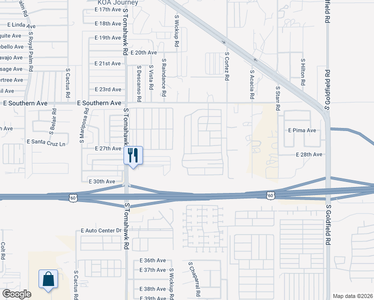 map of restaurants, bars, coffee shops, grocery stores, and more near 2735 South Powell Road in Apache Junction