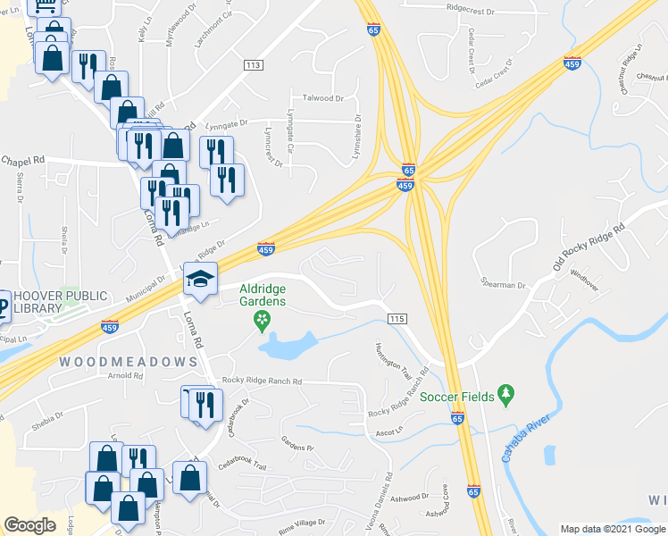 map of restaurants, bars, coffee shops, grocery stores, and more near 2160 Old Rocky Ridge Road in Birmingham