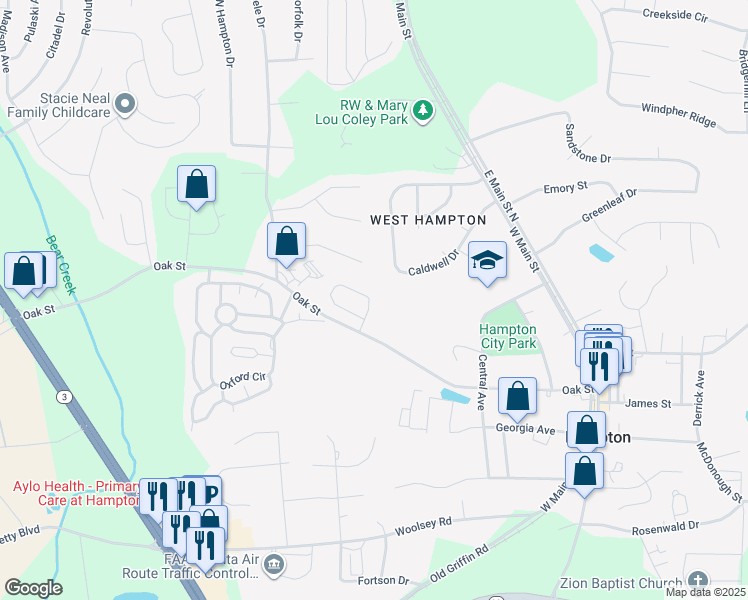 map of restaurants, bars, coffee shops, grocery stores, and more near 39 Hampton Oaks Drive in Hampton