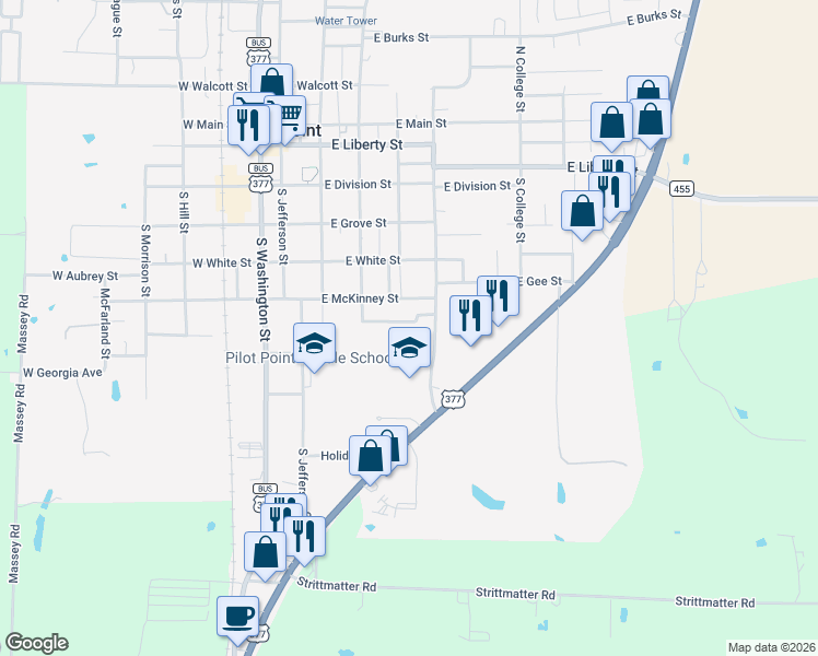 map of restaurants, bars, coffee shops, grocery stores, and more near 339 East Wilson Avenue in Pilot Point