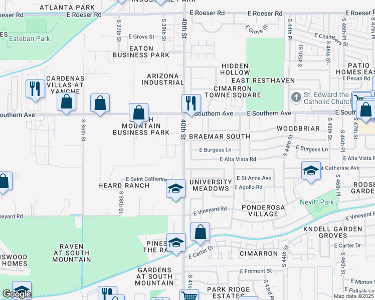 map of restaurants, bars, coffee shops, grocery stores, and more near 6218 South 40th Place in Phoenix