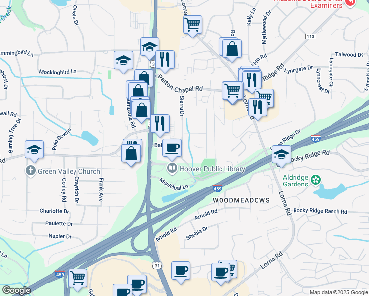 map of restaurants, bars, coffee shops, grocery stores, and more near 3453 Sierra Drive in Hoover