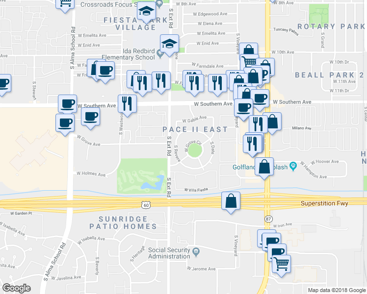 map of restaurants, bars, coffee shops, grocery stores, and more near 722 West Grove Circle in Mesa