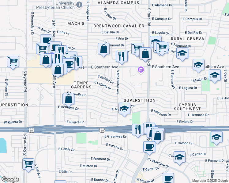 map of restaurants, bars, coffee shops, grocery stores, and more near 531 East Laguna Drive in Tempe