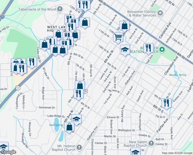 map of restaurants, bars, coffee shops, grocery stores, and more near 716 4th Avenue North in Bessemer