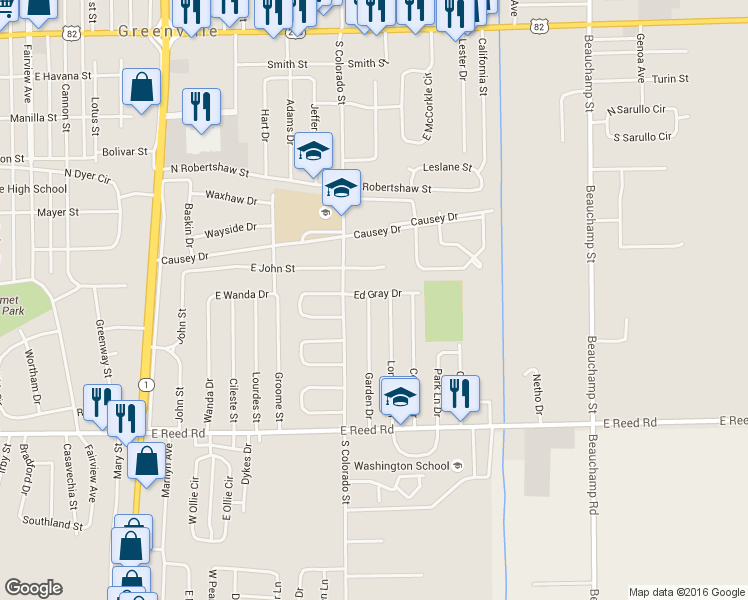 map of restaurants, bars, coffee shops, grocery stores, and more near 1124 Garden Dr in Greenville