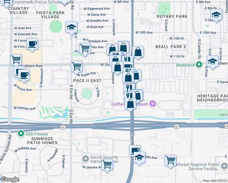 map of restaurants, bars, coffee shops, grocery stores, and more near 1318 South Vineyard in Mesa
