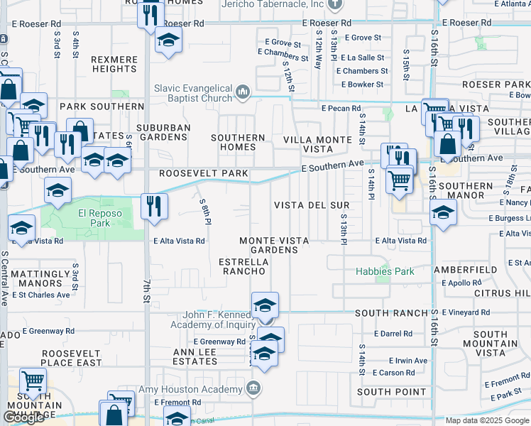 map of restaurants, bars, coffee shops, grocery stores, and more near 6210 South 11th Street in Phoenix