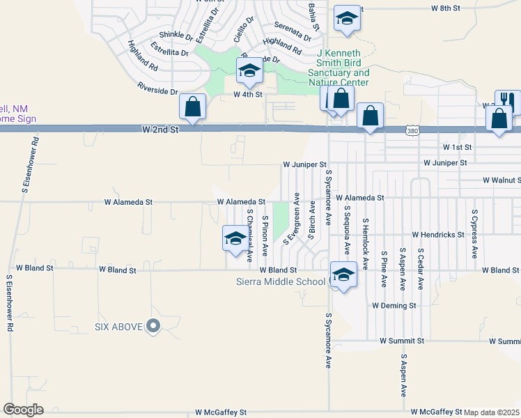 map of restaurants, bars, coffee shops, grocery stores, and more near 402 South Pinon Avenue in Roswell