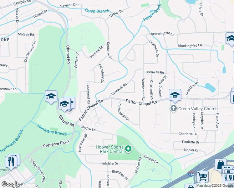 map of restaurants, bars, coffee shops, grocery stores, and more near 1739 Cornwall Road in Birmingham